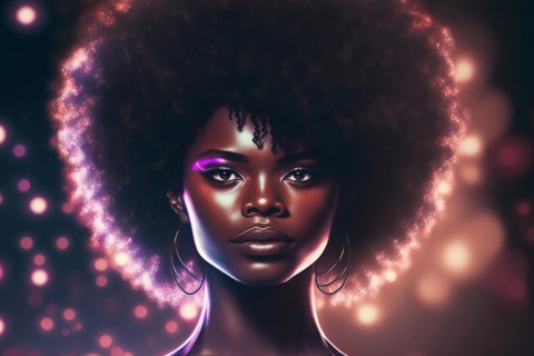 Generative AI illustration of elegant and fashionable black woman with afro hair in disco or night club with lights illuminating behind. Ai generated