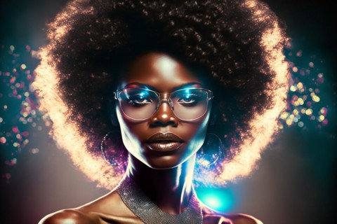 Elegant and fashionable black woman with afro hair in disco or night club with lights illuminating behind. Ai generated