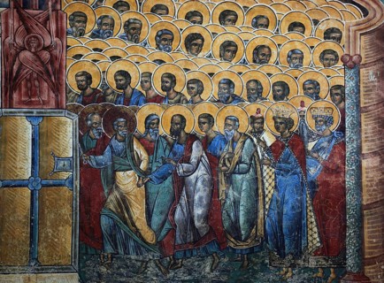 Frescoes on the outer wall. The Voronet Monastery