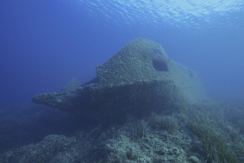 Wreck of the Cimentiere in the Mediterranean Sea near Hyeres. Dive site Giens Peninsula