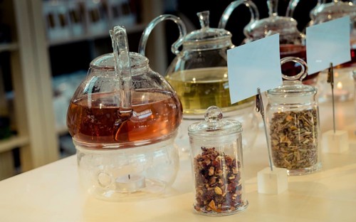 Herbal tea brewed in glass teapot and tea plant in a bottle