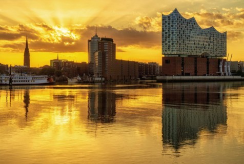 Elbe Philharmonic Hall Hamburg at sunrise with Elbe reflection