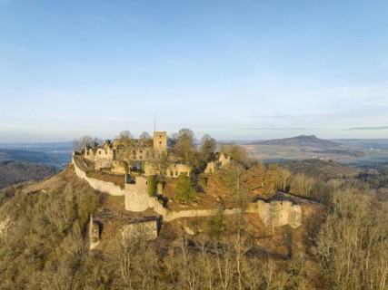 The ruins of Hohentwiel Castle illuminated by the morning sun