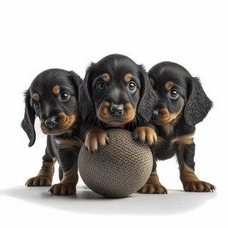 Portrait Dachshund puppys playing with a ball in front of a white background