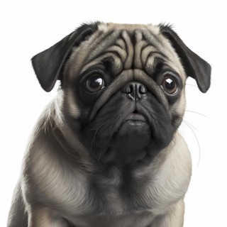 Portrait of a Pug in front of a white background. AI generated Art