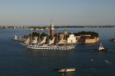 View from the Campanile to the Isola della Giudecca and Isola di San Giorgio Maggiore and the cruise ship Star Clippers in the Canale della Giudecca
