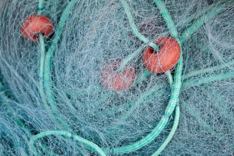 Fishing net with floats and ropes
