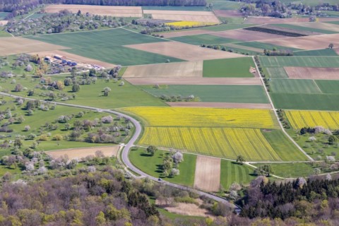 View from Breitenstein in spring of the Alb foreland with its agricultural land