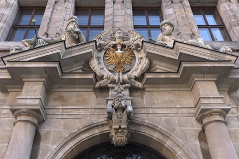 Upper entrance portal of the historic Wolf Town Hall