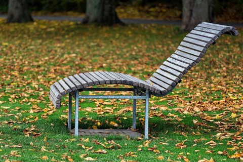Empty wooden sun lounger in a meadow with autumn leaves
