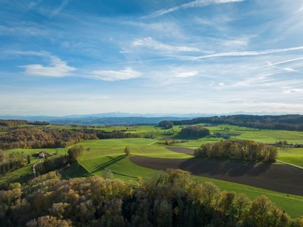Hilly landscape and scattered settlement in the foothills of the Alps near Klingenzell