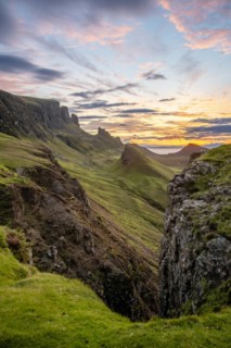 View of rocky landscape Quiraing at sunrise