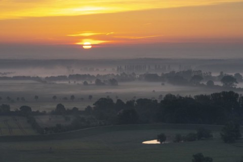 View from the Kniepenberg lookout tower of sunrise and morning fog in the Lower Saxony Elbe floodplain near Neu Darchau