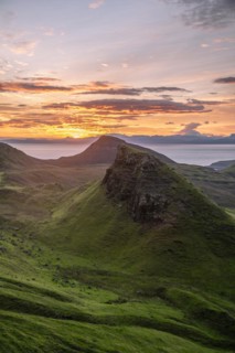 View of rocky landscape Quiraing at sunrise