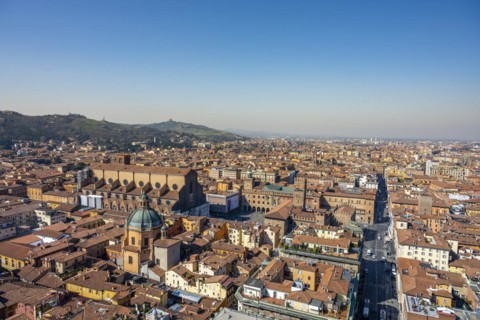 View from the Asinelli Tower of the Basilica San Petronio and Santa Maria della Vita