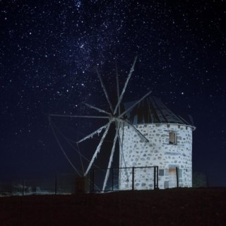Night shot of historical windmill near Bodrum