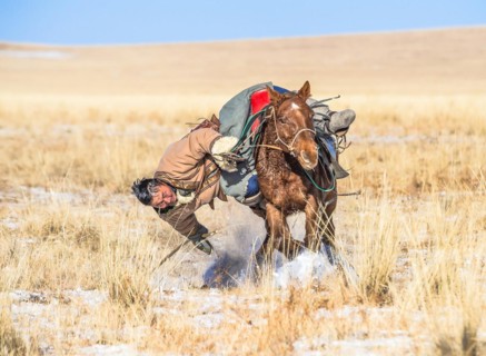A rider picking up his pole from the ground. Dornod Province