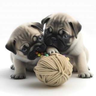 Portrait Mops puppys playing with a ball in front of a white background