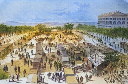 Tent and railway wagon hospital on the Esplanade in Metz
