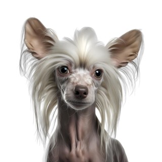 Portrait of a chinese crested dog in front of a white background. AI generated Art