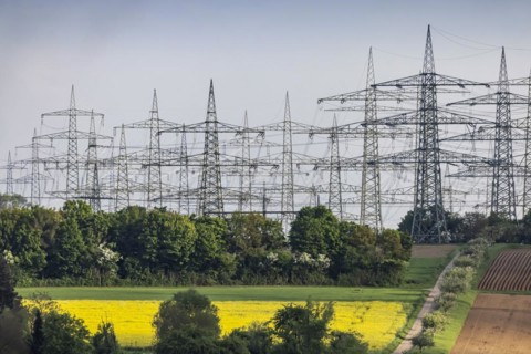 Numerous high-voltage pylons
