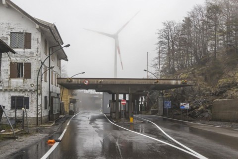 Border between Austria and Italy at the Ploecken Pass. The unoccupied and abandoned border crossing has a particularly mystical effect in fog
