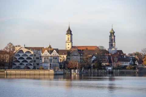 Lakeside promenade and steeples of the church Muenster Unserer Lieben Frau and St. Stephans Church