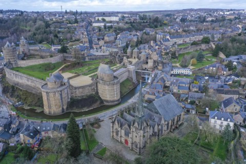Aerial view of Chateau Castle and Eglise Saint-Sulpice Church