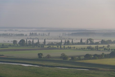 View from the Kniepenberg lookout tower of sunrise and morning fog in the Lower Saxony Elbe floodplain near Neu Darchau