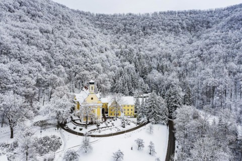 Ave Maria pilgrimage church and Capuchin monastery with snow