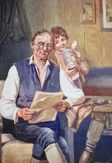 While the father is reading the newspaper