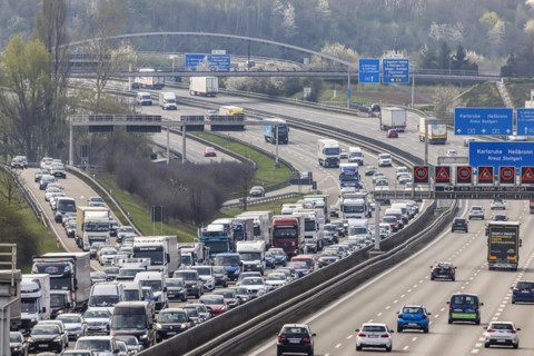Heavy traffic with congestion on the multi-lane motorway A8 near Stuttgart