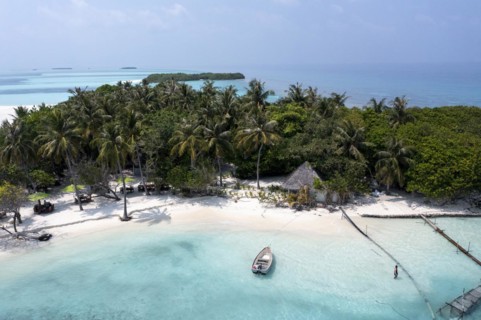 Aerial view: lonely Island with a sandbank and Palmtrees in the Maldives