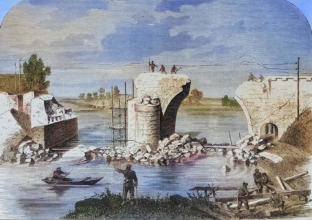 The blown up railway bridge near Trilport outside Meaux on the Marne river
