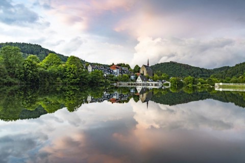 Reflection of the village of Beyenburg in the Beyenburg reservoir on the river Wupper