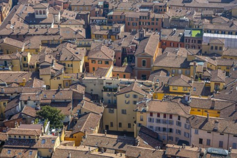 View from the Asinelli Tower over the roofs of residential buildings in the old town
