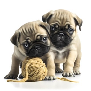 Portrait Mops puppys playing with a ball in front of a white background