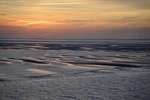 View over the Wadden Sea at low tide to the mainland