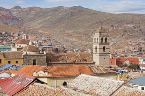 Aerial view over the city Potosi and the Cerro Rico silver mine
