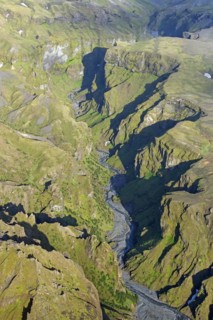 Aerial view over the mountain ridge Thorsmork
