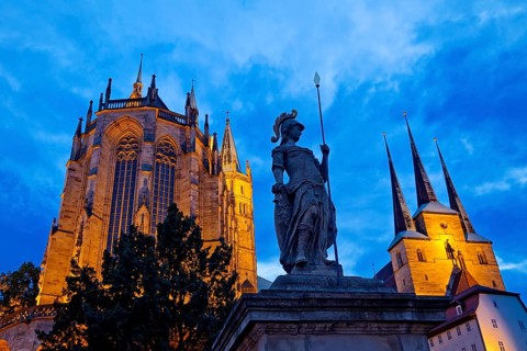 Erfurt Cathedral and Severi Church with Minerva Fountain in the evening