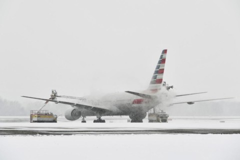 Aircraft deicing in winter in front of take-off