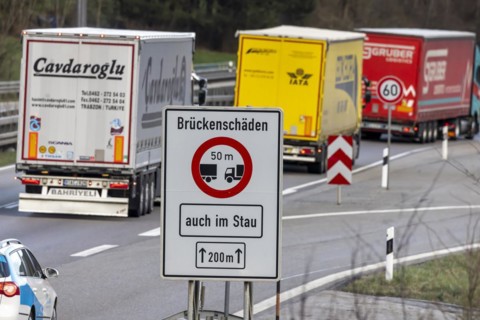 Symbolic image Bridge damage on the A8 motorway with lorries near Muehlhausen
