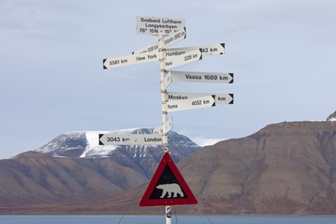 Signpost and Polar bear warning sign at Spitsbergen