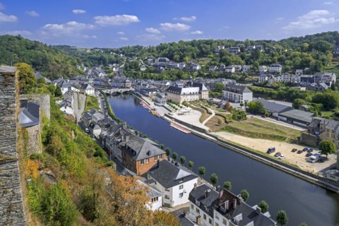 Aerial view from the Chateau de Bouillon Castle over the city Bouillon and the Semois river