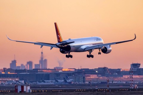 Fraport Airport with skyline in the early morning