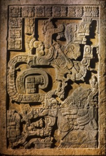 Sculpted Yaxchilan lintel 25 showing hieroglyphic inscriptions being reversed as if it were meant to be read in a mirror
