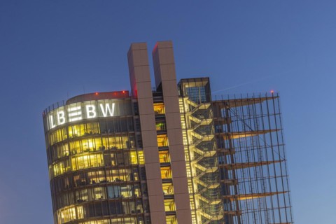 Landesbank Baden-Wuerttemberg LBBW building in the evening