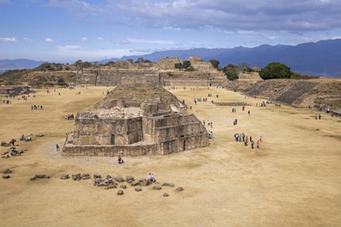 Tourists visiting the Monte Alban pyramid complex