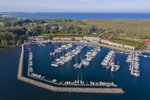 Weisse Wiek holiday resort at Boltenhagen along the Baltic Sea showing hotels and sailing boats in marina